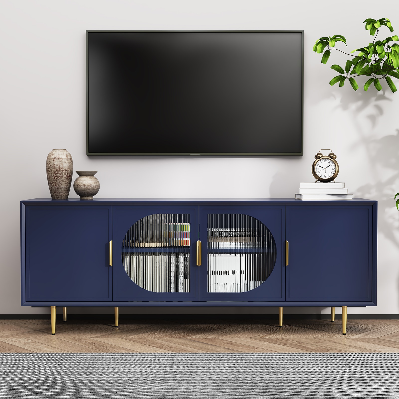 Modern TV Stand With Gold Legs, 66" Media Console For 55 Inch TVs, Entertainment Center With Glass Doors And Storage, Wooden TV Cabinet For Living Room, Bedroom_voghion.com